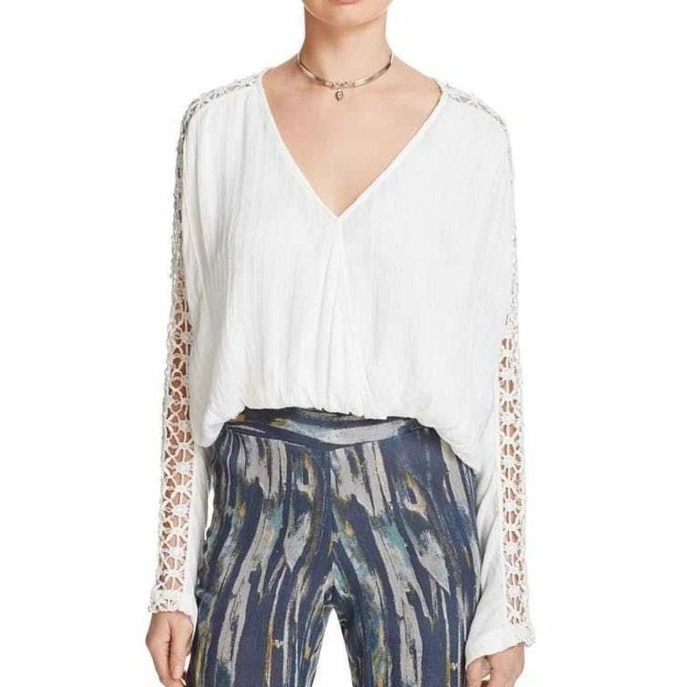 Free People Crochet Sleeve V-Neck Gauze Blouse White Boho Romantic Top Small - Picture 1 of 7